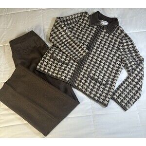 Vintage PENDLETON Merino Wool Houndstooth Full Zip Cardigan Pants Set Size L 12
